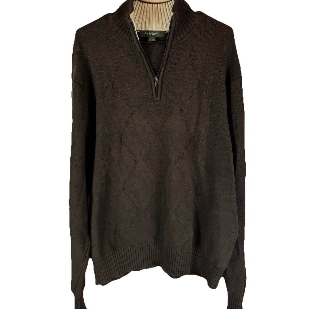 Pronto Uomo Sweater Mens XXL 100% Cotton 1/4 Zip Brown Diamond Stitch